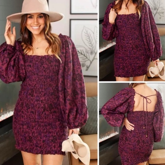Free People Smock It To Me Puff Sleeves‎ Mini Dress Hazelnut Combo Size Medium - Picture 1 of 16